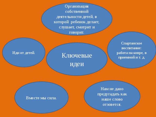 Организация собственной деятельности детей, в которой ребенок делает, слушает, смотрит и говорит. Спартанское воспитание: работа на ковре, в приемной и т. д. Иди от детей. Ключевые идеи Нам не дано предугадать как наше слово отзовется. Вместе мы сила.