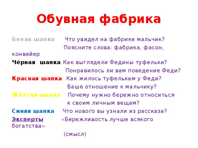 Обувная фабрика Белая шапка Что увидел на фабрике мальчик?  Поясните слова: фабрика, фасон, конвейер Чёрная шапка Как выглядели Федины туфельки?  Понравилось ли вам поведение Феди? Красная шапка Как жилось туфелькам у Феди?  Ваше отношение к мальчику? Жёлтая  шапка  Почему нужно бережно относиться  к своим личным вещам? Синяя шапка Что нового вы узнали из рассказа? Эксперты «Бережливость лучше всякого богатства»  (смысл)