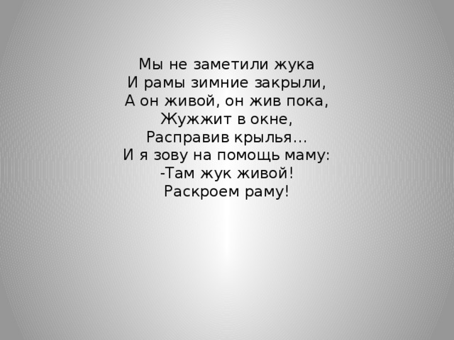 Мы не заметили жука и рамы зимние. Мы не заметили жука. Стихотворение мы не заметили жука. Мы не заметили жука и рамы зимние закрыли. Жук живой стихотворение.