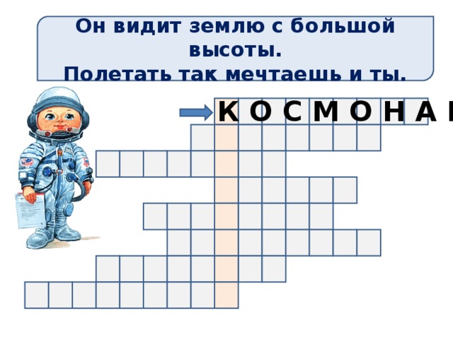 Он видит землю с большой высоты. Полетать так мечтаешь и ты. К О С М О Н А В Т Чтобы увидеть ответ жмем на стрелку, для перехода на следующий слайд – жмем на картинку 34