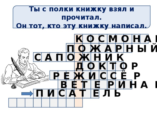 Ты с полки книжку взял и прочитал. Он тот, кто эту книжку написал. К О С М О Н А В Т П О Ж А Р Н Ы Й С А П О Ж Н И К Д О К Т О Р Р Е Ж И С С Ё Р В Е Т Е Р И Н А Р П И С А Т Е Л Ь