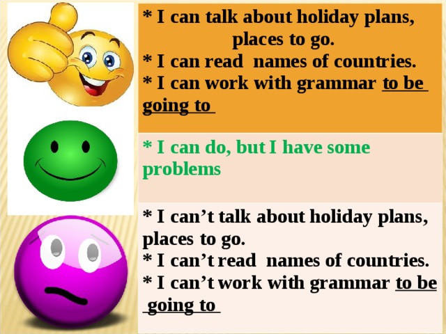 * I can talk about holiday plans, places to go. * I can read names of countries. * I can work with grammar to be going to * I can do, but I have some problems * I can’t talk about holiday plans, places to go. * I can’t read names of countries. * I can’t work with grammar to be going to