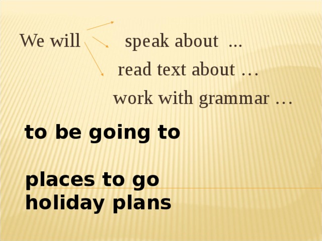 We will speak about ...  read text about …  work with grammar … to be going to  places to go holiday plans  travelling countries