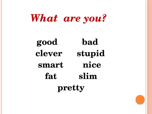 What are you?  good bad  clever stupid  smart nice  fat slim  pretty