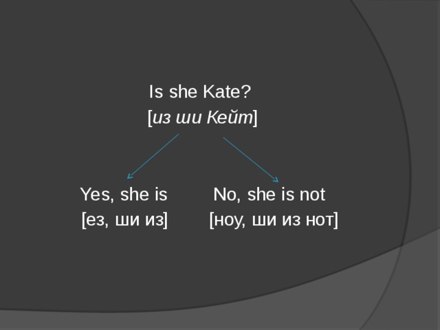 Is she Kate? [ из ши Кейт ] Yes, she is No, she is not  [ез, ши из] [ноу, ши из нот]