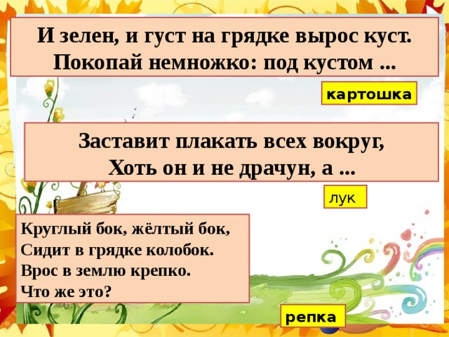 И зелен, и густ на грядке вырос куст. Покопай немножко: под кустом ... картошка Заставит плакать всех вокруг, Хоть он и не драчун, а ... лук Круглый бок, жёлтый бок, Сидит в грядке колобок. Врос в землю крепко. Что же это? репка