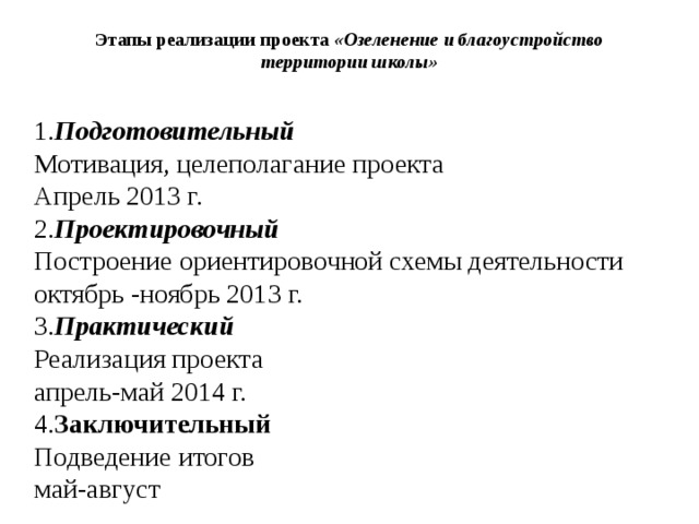 Этапы реализации проекта «Озеленение и благоустройство территории школы»   1. Подготовительный Мотивация, целеполагание проекта Апрель 2013 г. 2. Проектировочный Построение ориентировочной схемы деятельности октябрь -ноябрь 2013 г. 3. Практический Реализация проекта апрель-май 2014 г. 4. Заключительный Подведение итогов май-август