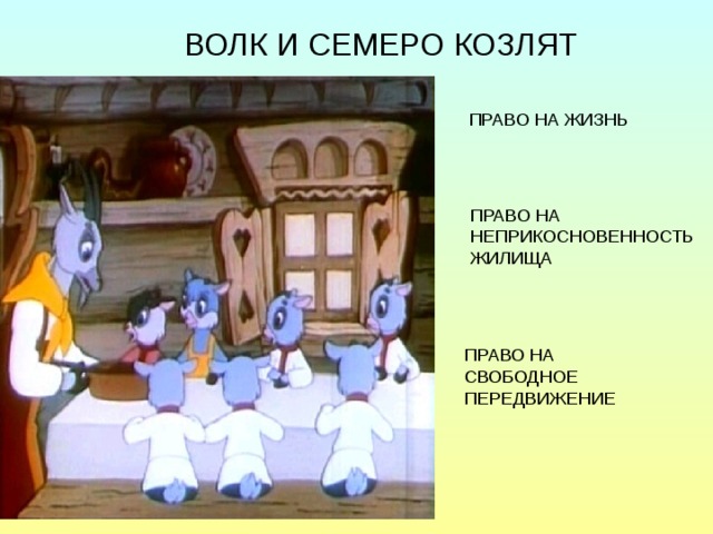 ВОЛК И СЕМЕРО КОЗЛЯТ  ПРАВО НА ЖИЗНЬ ПРАВО НА НЕПРИКОСНОВЕННОСТЬ ЖИЛИЩА ПРАВО НА СВОБОДНОЕ ПЕРЕДВИЖЕНИЕ