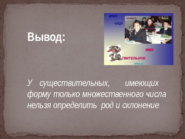 Вывод:   У существительных, имеющих форму только множественного числа нельзя определить род и склонение