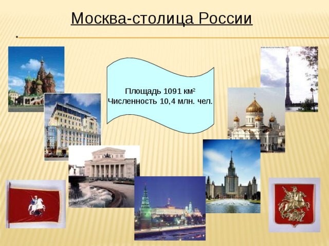 Москва-столица России . Площадь 1091 км 2 Численность 10,4 млн. чел.