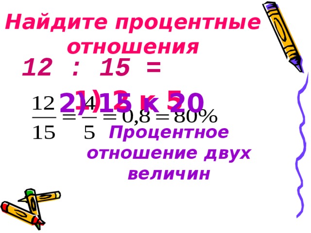 Найдите процентные отношения 12 : 15 = 1) 2 к 5 2) 15 к 20 Процентное отношение двух величин