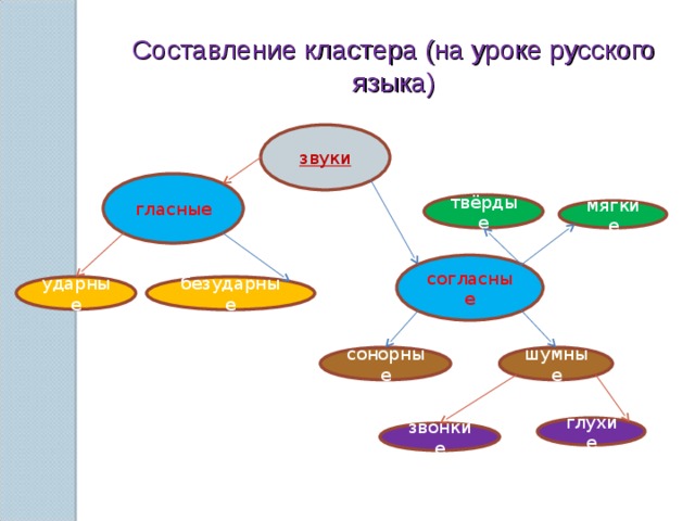 Составление кластера (на уроке русского языка) звуки гласные твёрдые мягкие согласные ударные безударные шумные сонорные глухие звонкие 10