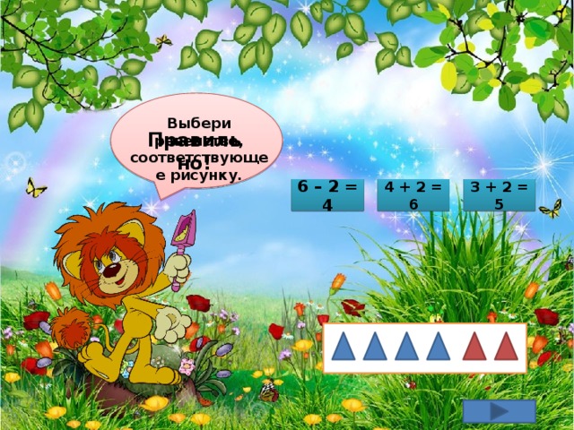 Выбери равенство, соответствующее рисунку. Правильно! 4 + 2 = 6 6 – 2 = 4 3 + 2 = 5