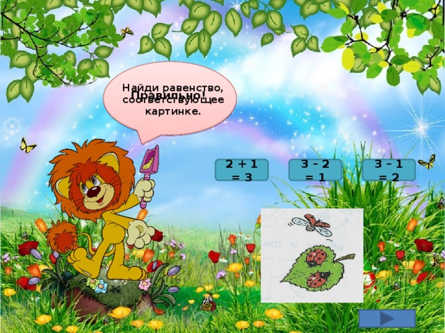 Найди равенство, соответствующее картинке. Правильно! 2 + 1 = 3 3 – 1 = 2 3 – 2 = 1