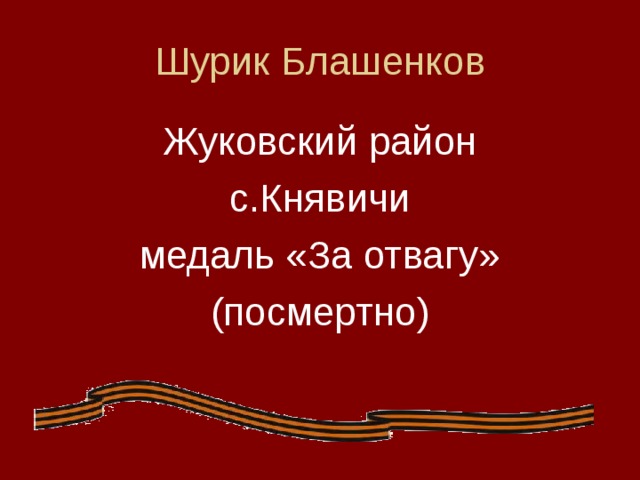 Шурик Блашенков Жуковский район с.Княвичи медаль «За отвагу» (посмертно)