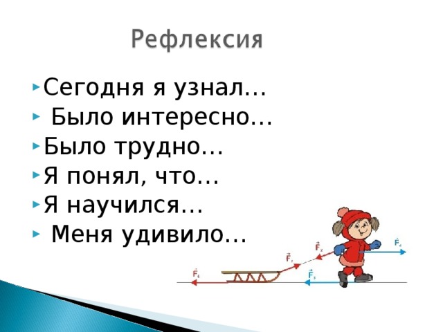 Сегодня я узнал…  Было интересно… Было трудно… Я понял, что… Я научился…  Меня удивило…