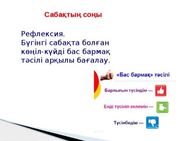 Сабақтың соңы Рефлексия. Бүгінгі сабақта болған көңіл-күйді бас бармақ тәсілі арқылы бағалау.