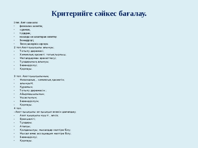 Критерийге сәйкес бағалау. 1 топ. Азот қышқылы: физикалық қасиетін; құрамын, тұздарын; маңызды қосылыстарын сипаттау. Безендірілуі; Топ мүшелерінің қорғауы. 2 топ.Азот қышқылы алынуы; Тотығу дәрежесі; Химиялық қасиеті: тотықтырғыш; Металдармен әрекеттесуі; Тұздарының алынуы; Безендірілуі; Қорғауы. 3 топ. Азот қышқылының: Физикалық , химиялық қасиетін; алынуыН; Құрамын; Тотығу дәрежесін ; Айырмашылығын; Ұқсастығын; Безендірілуін; Қорғауы. 4 топ. - Азот қышқылы ол қышқыл екенін дәлелдеу;