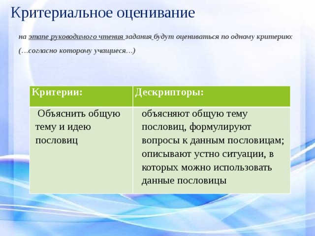 Критериальное оценивание  на этапе руководимого чтения задания  будут оцениваться по одному критерию:  (…согласно которому учащиеся…) Критерии: Дескрипторы:  Объяснить общую тему и идею пословиц объясняют общую тему пословиц, формулируют вопросы к данным пословицам; описывают устно ситуации, в которых можно использовать данные пословицы