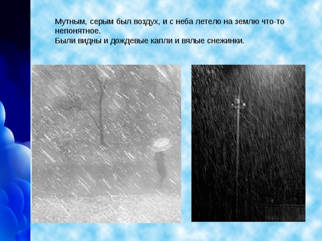 Мутным, серым был воздух, и с неба летело на землю что-то непонятное.  Были видны и дождевые капли и вялые снежинки.