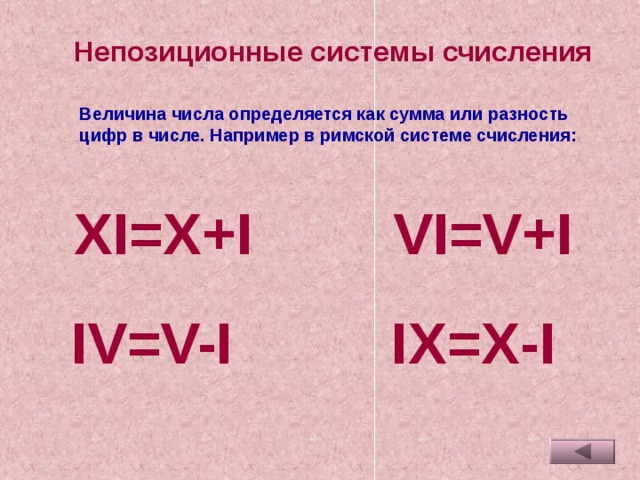 Непозиционные системы счисления Величина  числа определяется как сумма или разность цифр в числе. Например в римской системе счисления: XI=X+I    VI=V+I  IV=V-I    IX=X-I