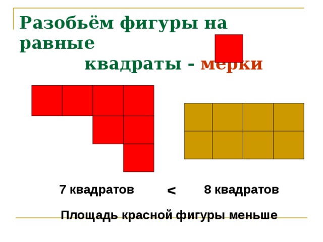 Разобьём фигуры на равные  квадраты - мерки  7 квадратов 8 квадратов  Площадь красной фигуры меньше