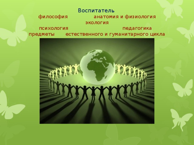 Воспитатель   философия анатомия и физиология  экология  психология педагогика  предметы естественного и гуманитарного цикла