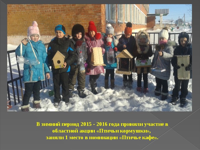 В зимний период 2015 - 2016 года приняли участие в областной акции «Птичьи кормушки», заняли 1 место в номинации «Птичье кафе».