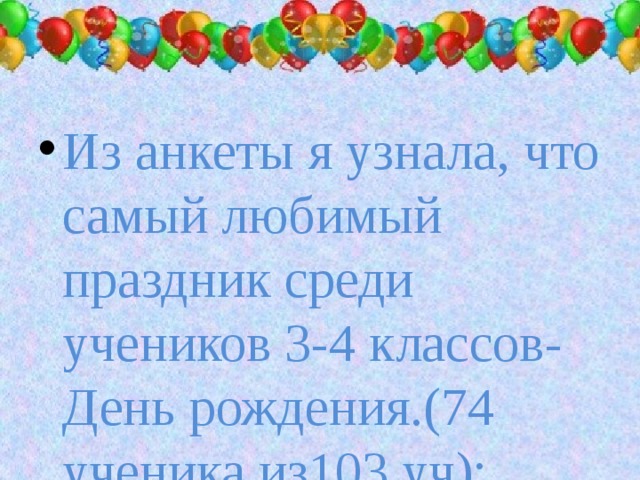 Из анкеты я узнала, что самый любимый праздник среди учеников 3-4 классов- День рождения.(74 ученика из103 уч); от праздника ждут – веселья-66 уч.из 103; подарков-47 уч. из 103уч.; угощений-37 уч,  друзей-58 учеников.