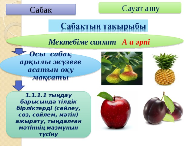 Сауат ашу Сабақ  Мектебіме саяхат А а әрпі Осы сабақ арқылы жүзеге асатын оқу мақсаты 1.1.1.1 тыңдау барысында тілдік бірліктерді ( сөйлеу, сөз, сөйлем, мәтін ) ажырату, тыңдалған мәтіннің мазмұнын түсіну