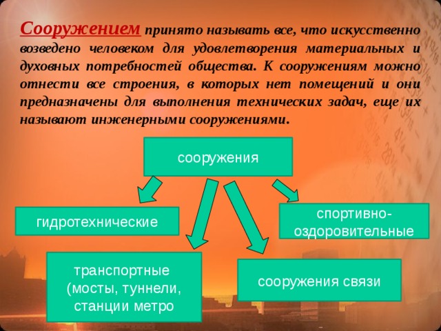 Сооружением принято называть все, что искусственно возведено человеком для удовлетворения материальных и духовных потребностей общества. К сооружениям можно отнести все строения, в которых нет помещений и они предназначены для выполнения технических задач, еще их называют инженерными сооружениями. сооружения спортивно-оздоровительные гидротехнические транспортные (мосты, туннели, станции метро сооружения связи