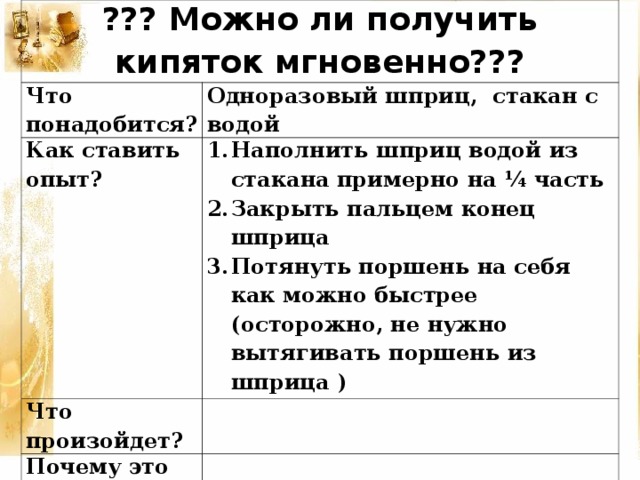 ??? Можно ли получить кипяток мгновенно??? Что понадобится? Одноразовый шприц, стакан с водой Как ставить опыт? Наполнить шприц водой из стакана примерно на ¼ часть Закрыть пальцем конец шприца Потянуть поршень на себя как можно быстрее (осторожно, не нужно вытягивать поршень из шприца ) Что произойдет? Почему это так?