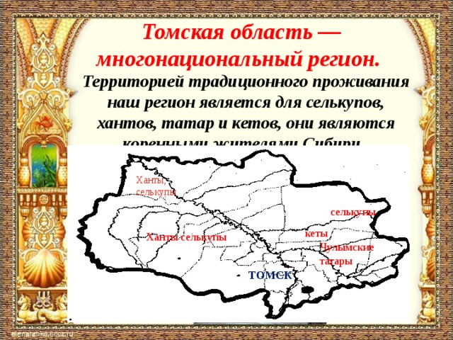 Томская область — многонациональный регион.  Территорией традиционного проживания наш регион является для селькупов, хантов, татар и кетов, они являются коренными жителями Сибири. Ханты, селькупы селькупы кеты Ханты селькупы Чулымские татары ТОМСК