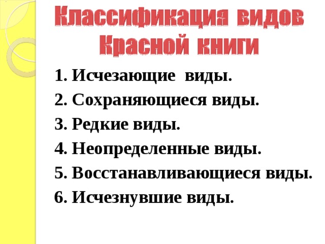 1. Исчезающие виды. 2. Сохраняющиеся виды. 3. Редкие виды. 4. Неопределенные виды. 5. Восстанавливающиеся виды. 6. Исчезнувшие виды.