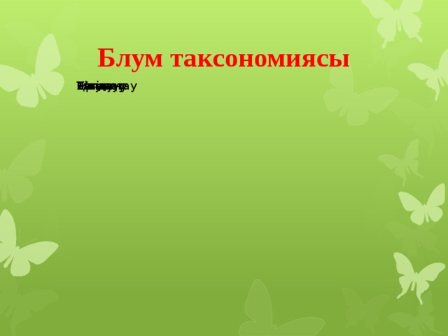 Блум таксономиясы Бағалау Бағалау Жинақтау Жинақтау Талдау Талдау Қолдану Қолдану Түсіну Түсіну Білу Білу