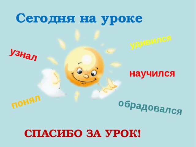 удивился обрадовался узнал понял Сегодня на уроке  научился СПАСИБО ЗА УРОК!