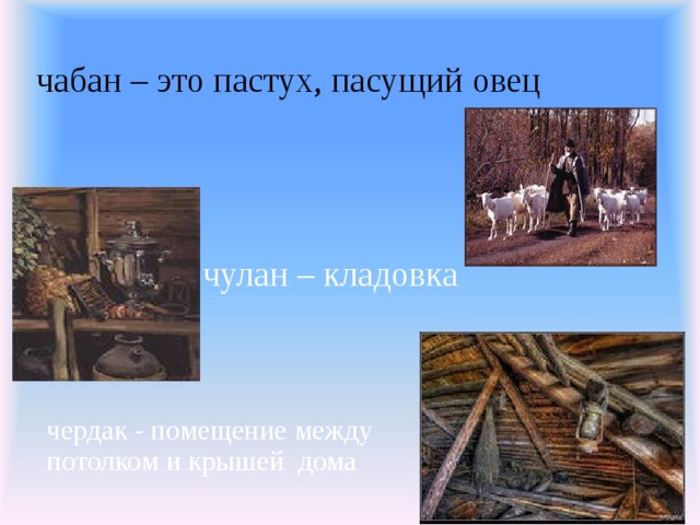 чабан – это пастух, пасущий овец  чулан – кладовка чердак - помещение между потолком и крышей дома