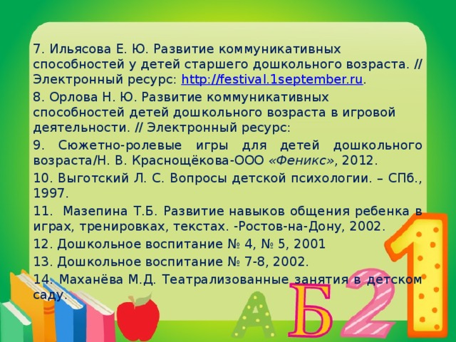 7. Ильясова Е. Ю. Развитие коммуникативных способностей у детей старшего дошкольного возраста. // Электронный ресурс: http://festival.1september.ru . 8. Орлова Н. Ю. Развитие коммуникативных способностей детей дошкольного возраста в игровой деятельности. // Электронный ресурс: 9. Сюжетно-ролевые игры для детей дошкольного возраста/Н. В. Краснощёкова-ООО  «Феникс» , 2012. 10. Выготский Л. С. Вопросы детской психологии. – СПб., 1997. 11.  Мазепина Т.Б. Развитие навыков общения ребенка в играх, тренировках, текстах. -Ростов-на-Дону, 2002. 12. Дошкольное воспитание № 4, № 5, 2001 13. Дошкольное воспитание № 7-8, 2002. 14. Маханёва М.Д. Театрализованные занятия в детском саду.