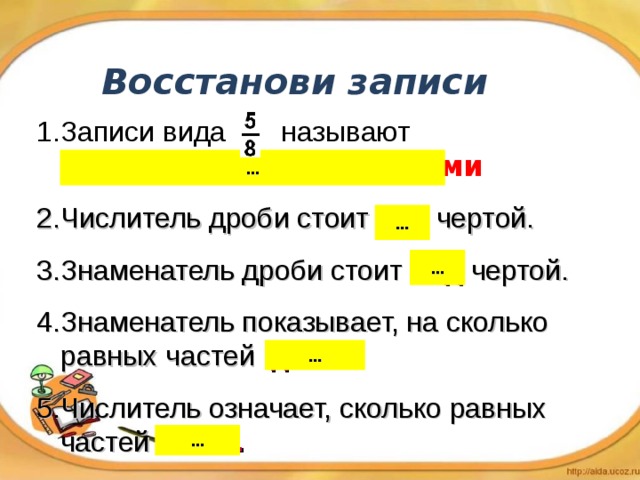 Восстанови записи Записи вида называют обыкновенными дробями  Числитель дроби стоит над чертой. Знаменатель дроби стоит под чертой. Знаменатель показывает, на сколько равных частей делят . Числитель означает, сколько равных частей взято. ... ... ... ... ...