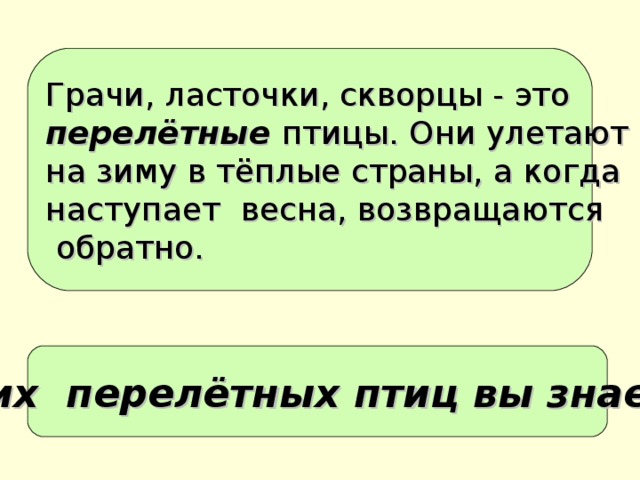 -Каких перелётных птиц вы знаете ?  Грачи, ласточки, скворцы - это перелётные птицы. Они улетают на зиму в тёплые страны, а когда наступает весна, возвращаются  обратно.