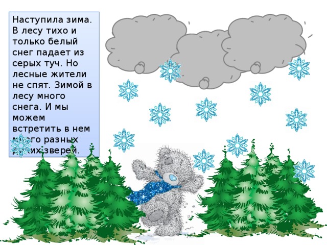 Наступила зима. В лесу тихо и только белый снег падает из серых туч. Но лесные жители не спят. Зимой в лесу много снега. И мы можем встретить в нем много разных диких зверей.