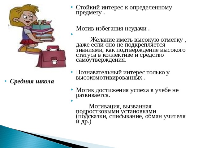 Стойкий интерес к определенному предмету .   Мотив избегания неудачи .  Желание иметь высокую отметку , даже если оно не подкрепляется знаниями, как подтверждение высокого статуса в коллективе и средство самоутверждения.  Познавательный интерес только у высокомотивированных .  Мотив достижения успеха в учебе не развивается.  Мотивация, вызванная подростковыми установками (подсказки, списывание, обман учителя и др.)         Средняя школа