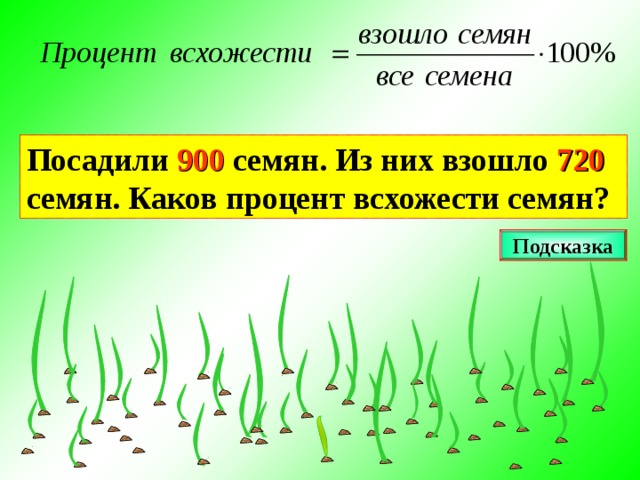 Посадили 900 семян. Из них взошло 720  семян. Каков процент всхожести семян? Подсказка