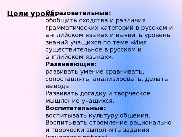 Цели урока :   Образовательные: обобщить сходства и различия грамматических категорий в русском и английском языках и выявить уровень знаний учащихся по теме «Имя существительное в русском и английском языках». Развивающие: развивать умение сравнивать, сопоставлять, анализировать, делать выводы. Развивать догадку и творческое мышление учащихся. Воспитательные: воспитывать культуру общения. Воспитывать стремление рационально и творчески выполнять задания (групповая работа).