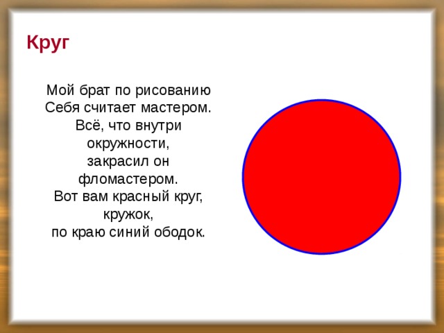 Круг  Мой брат по рисованию  Себя считает мастером.  Всё, что внутри окружности,  закрасил он фломастером.  Вот вам красный круг, кружок,  по краю синий ободок.