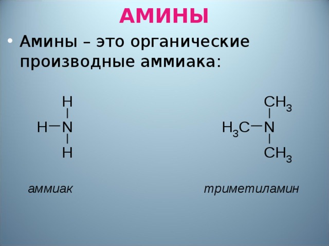 АМИНЫ Амины – это органические производные аммиака:   аммиак триметиламин