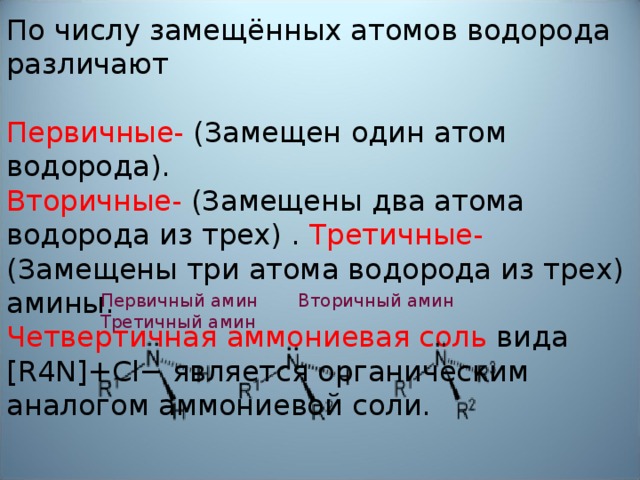 По числу замещённых атомов водорода различают Первичные- (Замещен один атом водорода). Вторичные- (Замещены два атома водорода из трех) . Третичные- (Замещены три атома водорода из трех) амины. Четвертичная аммониевая соль вида [R4N]+Cl− является органическим аналогом аммониевой соли. Первичный амин  Вторичный амин  Третичный амин