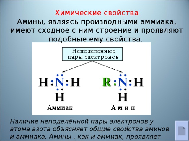 Химические свойства  Амины, являясь производными аммиака, имеют сходное с ним строение и проявляют подобные ему свойства. Наличие неподелённой пары электронов у атома азота объясняет общие свойства аминов и аммиака. Амины , как и аммиак, проявляет основные свойства.