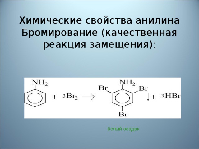 Химические свойства анилина  Бромирование (качественная реакция замещения):   белый осадок
