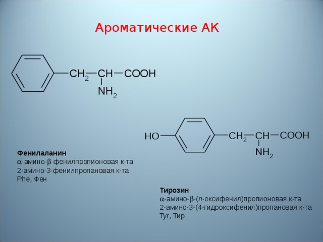 Ароматические АК Фенилаланин  - амино-  - фенилпропионовая к-та 2-амино-3-фенилпропановая к-та Phe, Фен Тирозин  - амино-  - ( п -оксифенил)пропионовая к-та 2-амино-3-(4-гидроксифенил)пропановая к-та Tyr, Тир